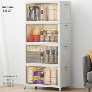 Medium 336QT white stackable storage bins with clear front doors and wheels for clothes and household storage