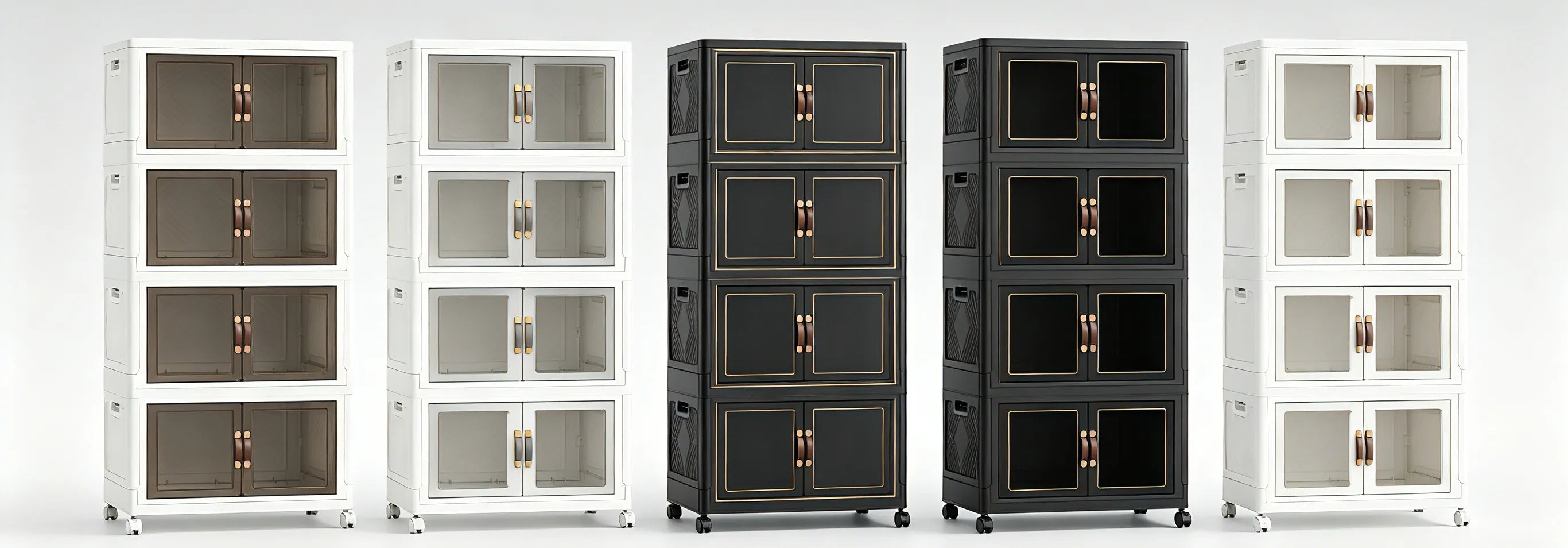 A clean, organized product header image showcasing a variety of modern storage cabinets in different styles and colors.