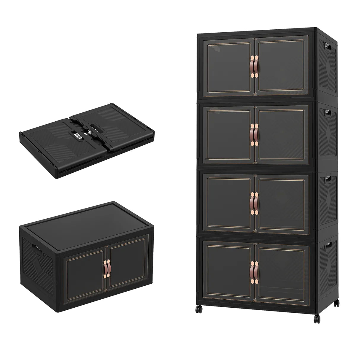 A main product image of the UAMFURI black clear door 4-tier storage cabinet on a white background, designed for visible and stackable home organization.