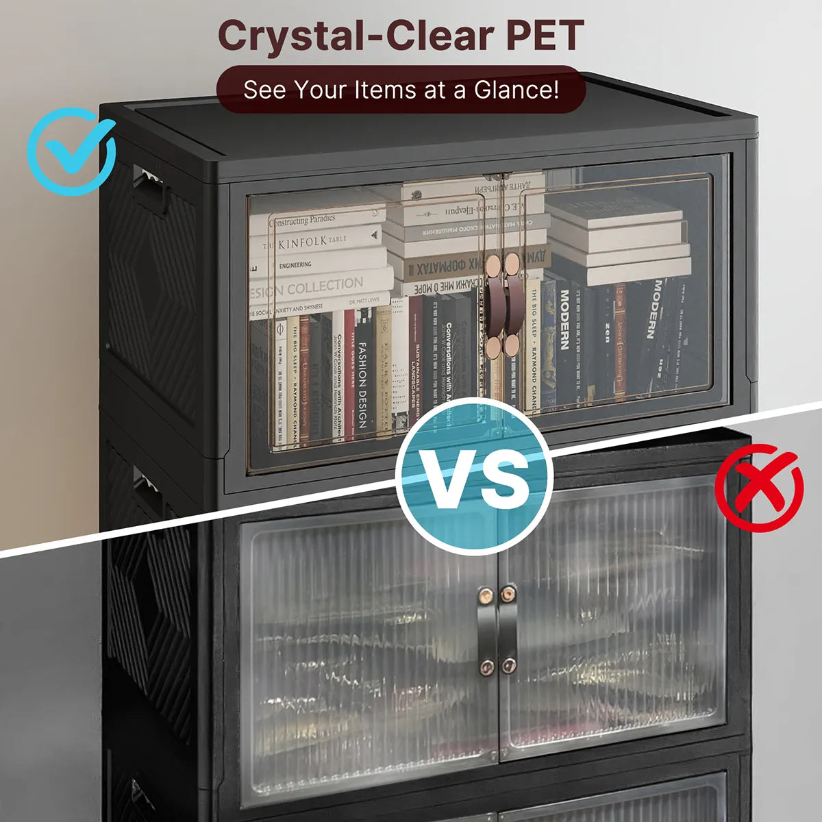UAMFURI black clear door stackable storage cabinet correct and incorrect stacking guide