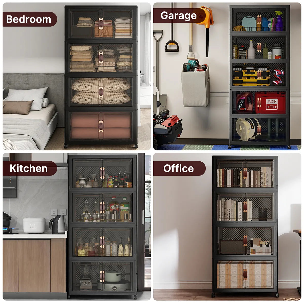 UAMFURI black clear door stackable storage cabinet lifestyle view
