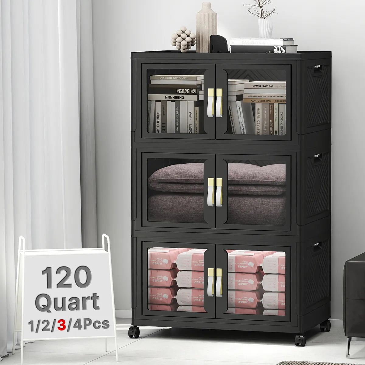 UAMFURI black clear door storage cabinet 3-tier large