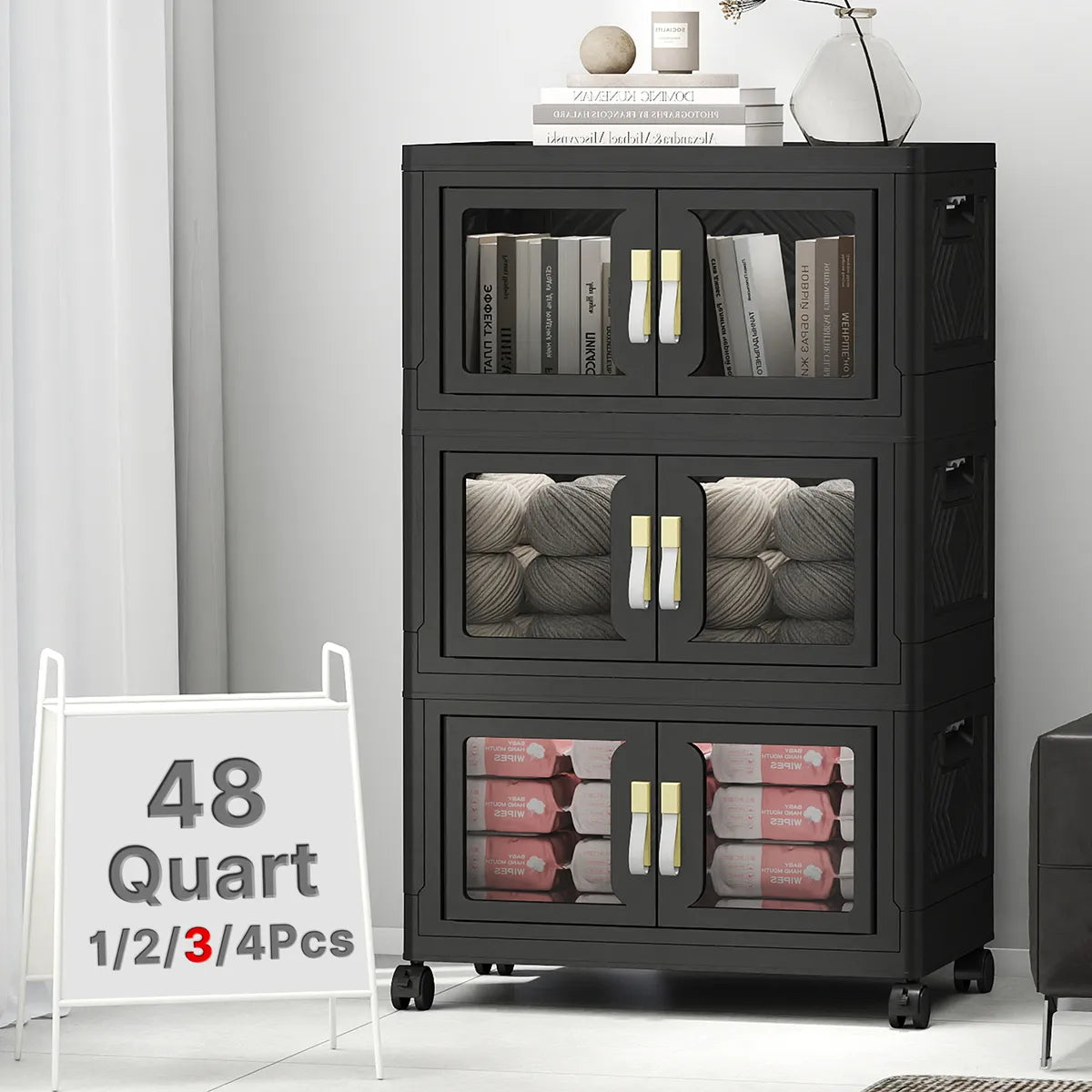UAMFURI black clear door storage cabinet 3-tier medium
