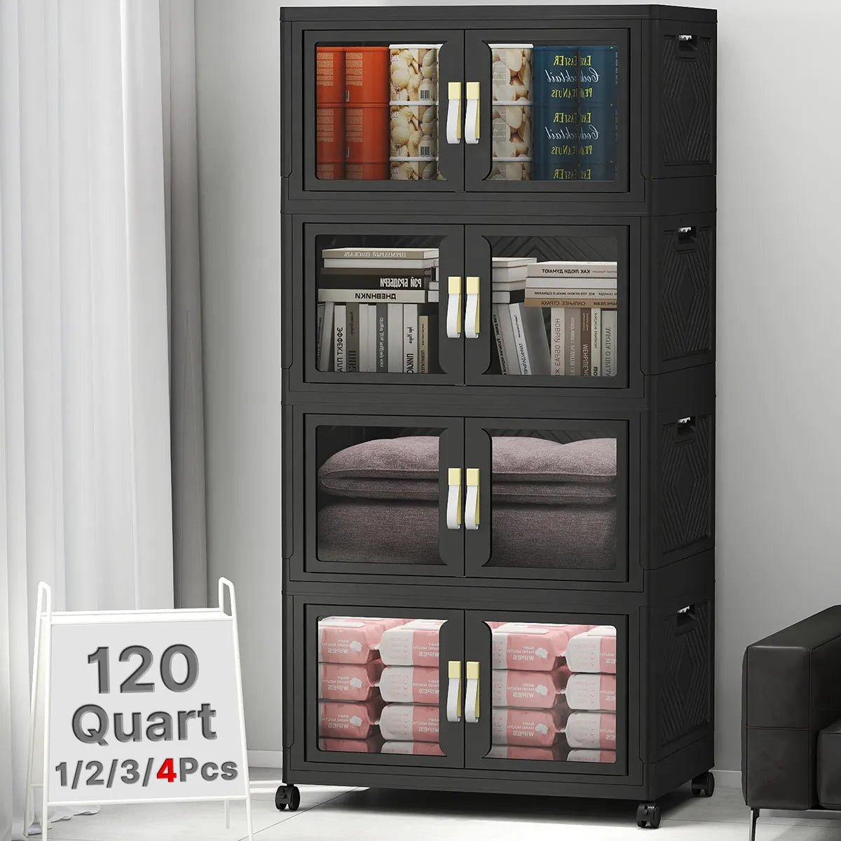 UAMFURI black clear door storage cabinet 4-tier large