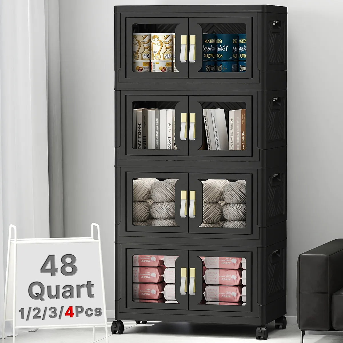 UAMFURI black clear door storage cabinet 4-tier medium