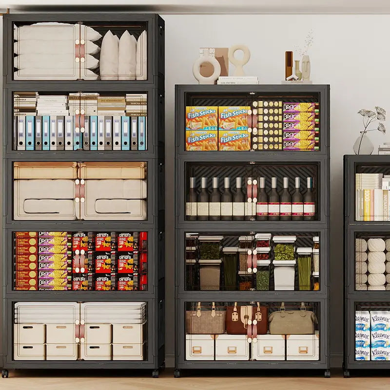 UAMFURI black storage cabinets with clear doors available in different heights and layer options
