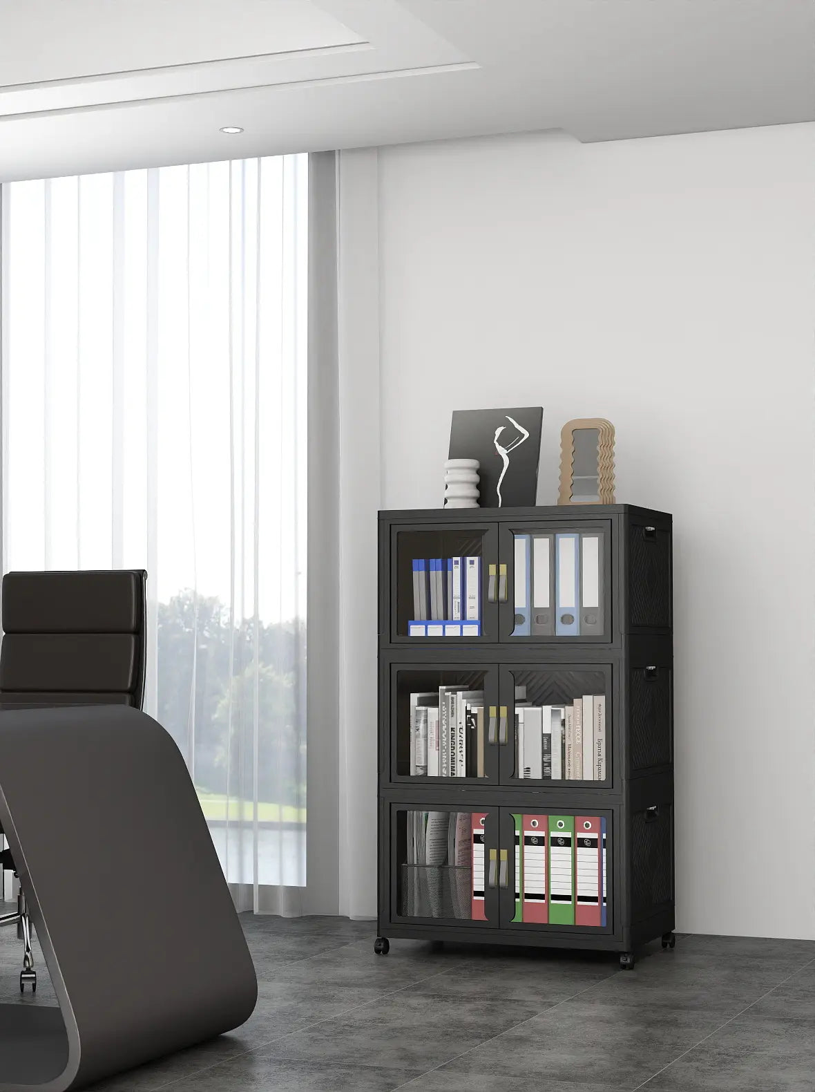 Black storage cabinet used as a bookshelf behind a desk near a window for home office organization