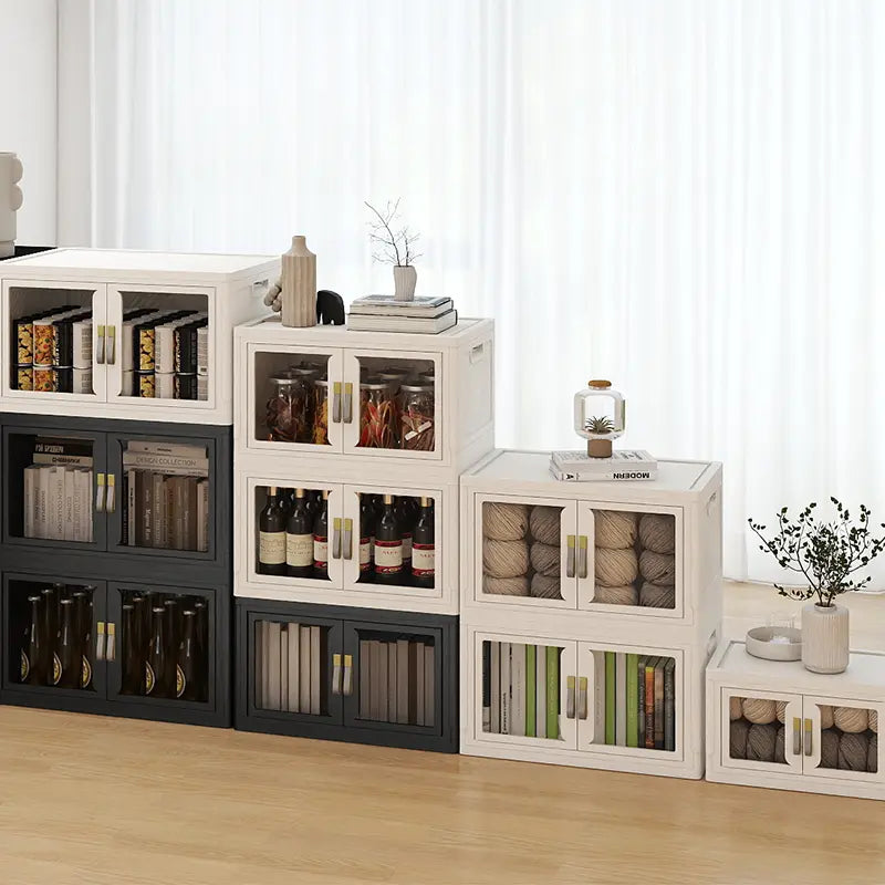 UAMFURI black and white storage cabinets arranged for a clean and modern home storage display