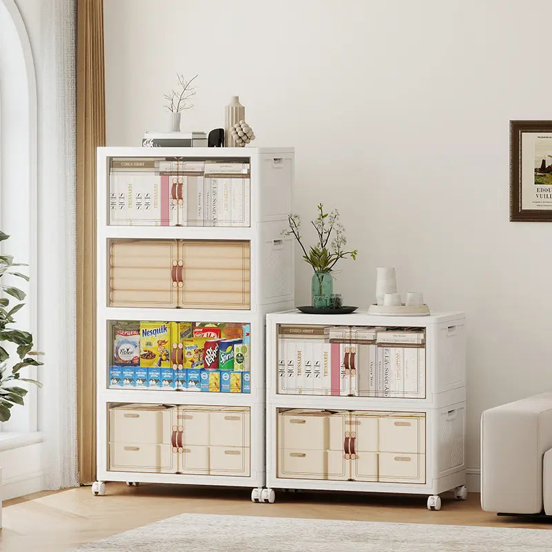 UAMFURI white storage cabinets with transparent panels shown in 2-tier and 4-tier options