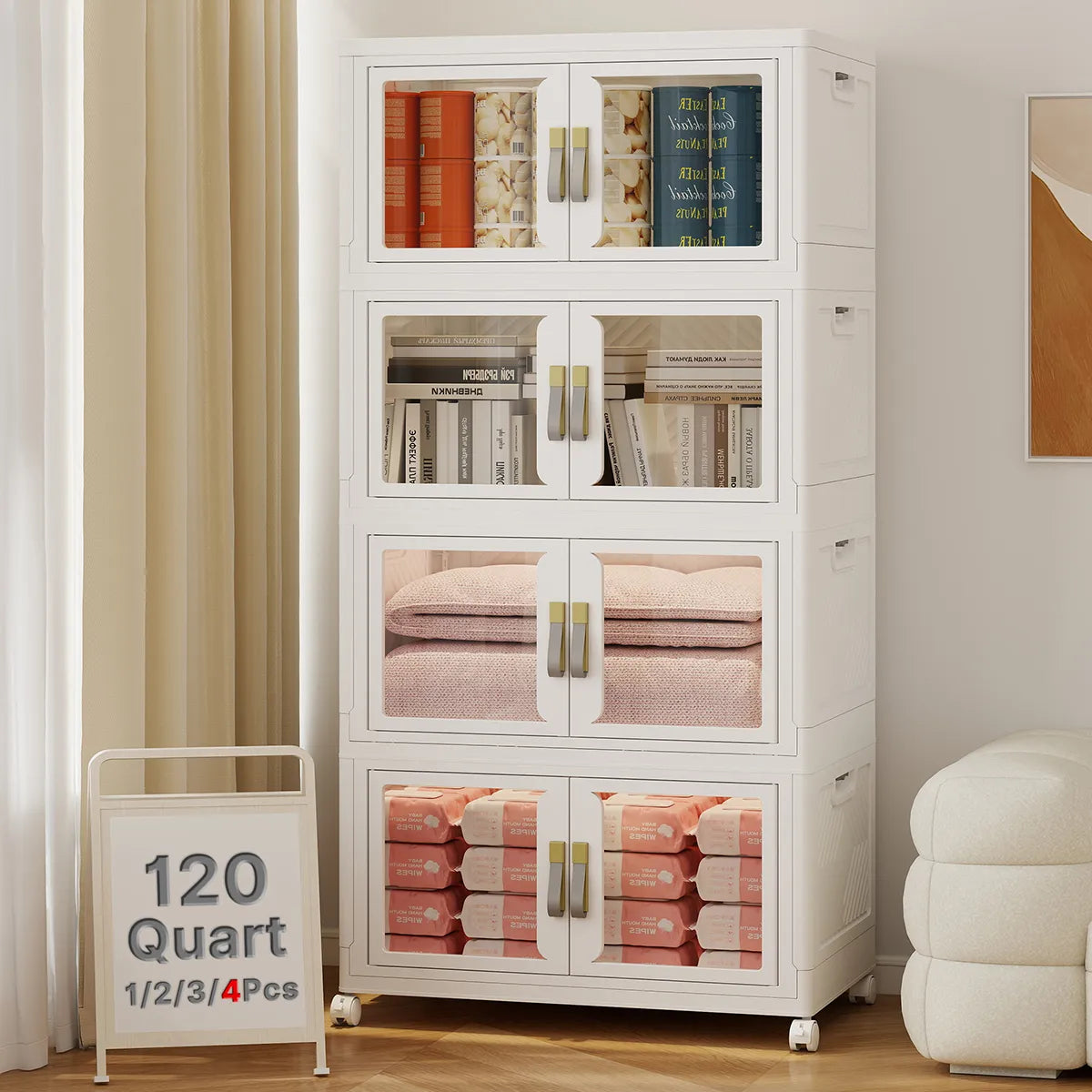 UAMFURI white clear door storage cabinet 4-tier large