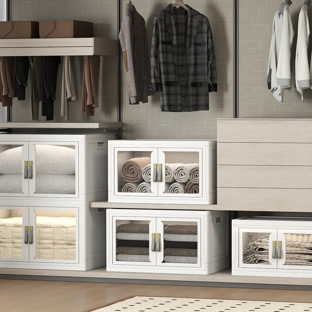 White storage cabinet in an open closet for organizing seasonal clothes and underwear