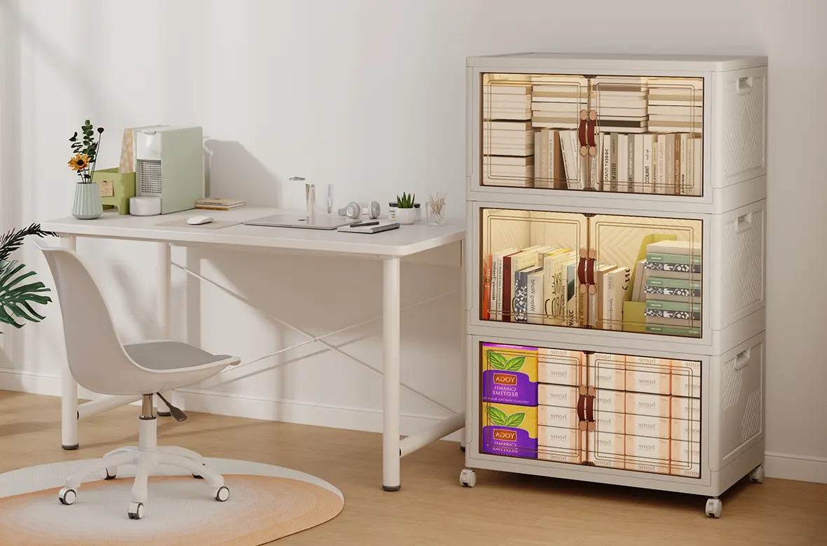 White foldable storage cabinet beside a desk for home office organization
