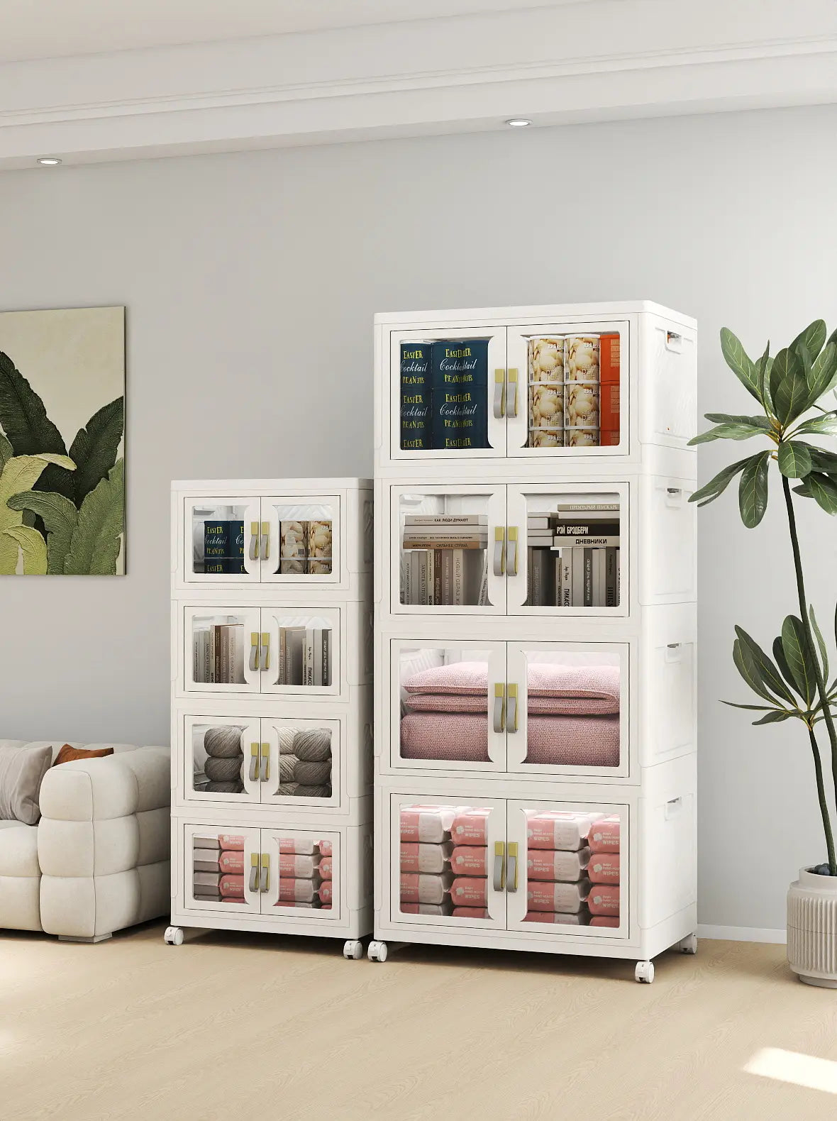 White storage cabinet beside a living room sofa for organizing everyday household items