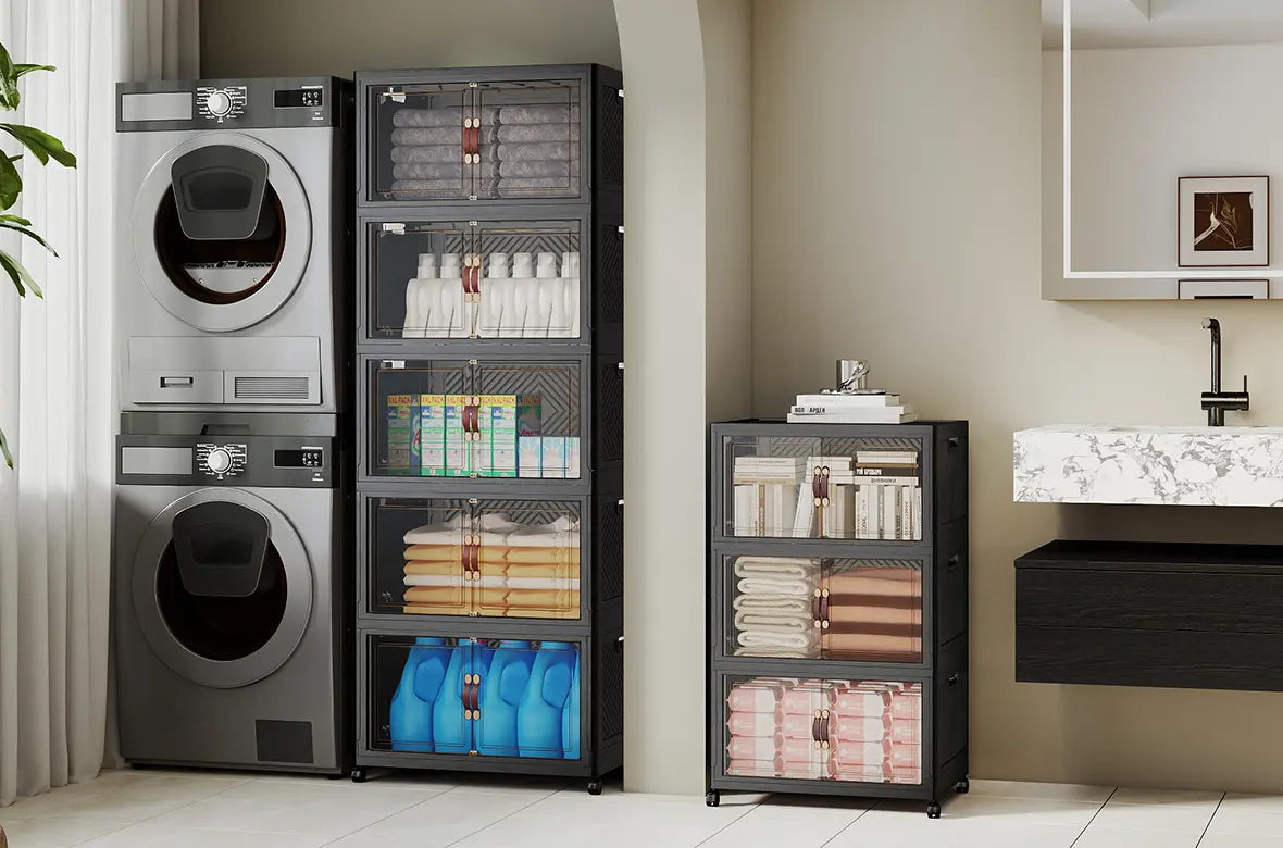 Storage cabinet placed in a laundry room between a washing machine and sink for organized home storage