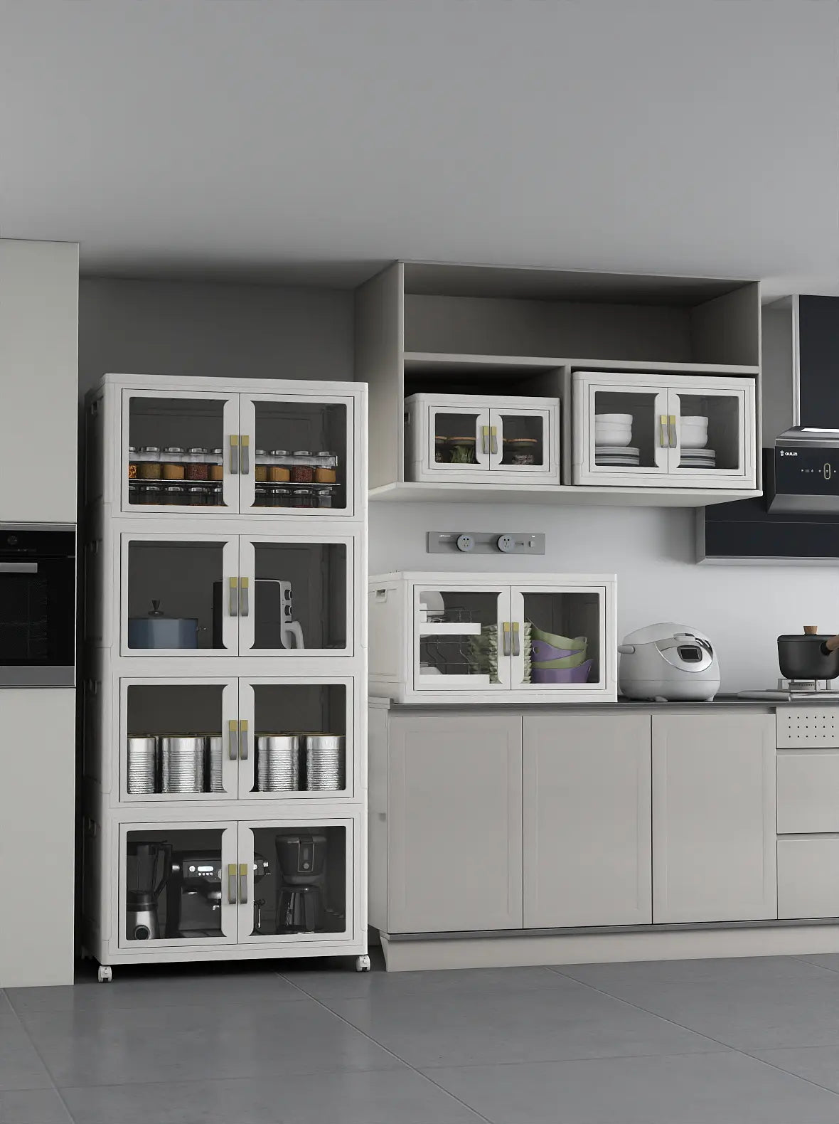 White storage cabinet placed in an unused kitchen cabinet gap for extra kitchen organization